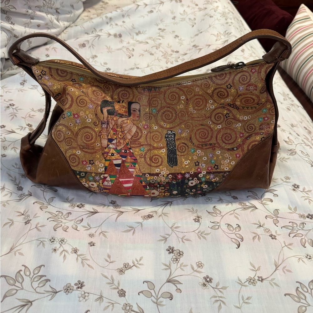 Artistic Brown Shoulder Bag with Klimt Design
